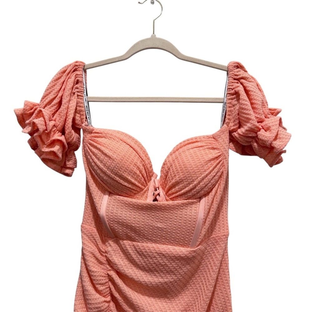 Miss Circle New York Corset Bodycon Midi Dress Cocktail Wedding Salmon Peach L - Picture 5 of 16